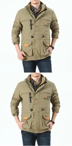 Detail of khaki outdoor jacket showing windproof fabric, hood, and utility cargo pockets