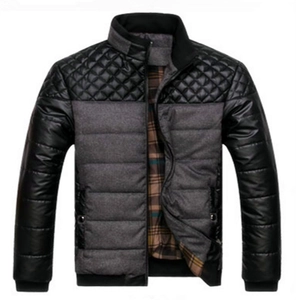 Men's dark gray quilted jacket with black leather shoulders and plaid lining