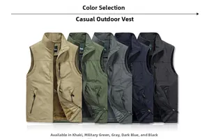 Detail view of five colors of outdoor vests with fleece lining and zipper pockets