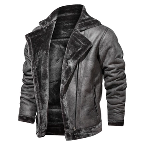 Detail of grey faux suede jacket featuring thick plush lining and metal zippers