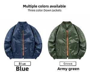 Detail view of bomber jackets with orange lining and utility arm pockets in blue and green