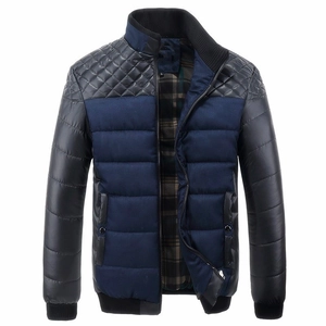 Men's quilted puffer jacket with contrast faux leather shoulders and plaid lining