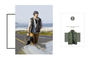 Detail view of men's dark green outdoor vest featuring a stand collar and zip side pockets