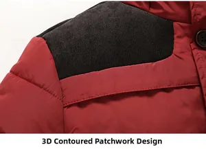 Detailed view of 3D tailoring on the red and black shoulder area of the padded winter jacket