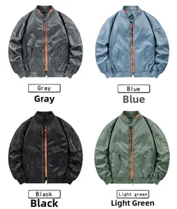 Detail view of four MA-1 bomber jackets in gray, blue, black and green with orange lining