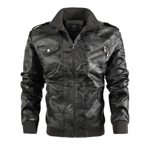 Veste de moto en cuir PU camouflage pour homme avec col montant et détails côtelés