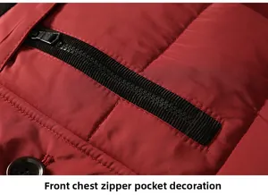 Detail shot of the red winter jacket featuring a decorative zippered chest pocket design