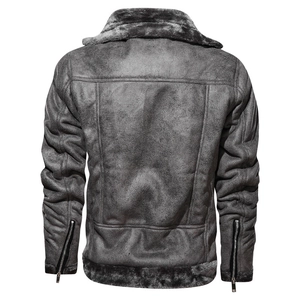 Back view of a grey faux suede shearling flight jacket with plush collar and zipper cuffs