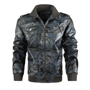 Blouson motard homme en cuir PU camouflage bleu vintage avec col montant et détails d'épaules