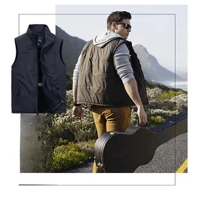 Detail of navy blue windproof gilet with stand collar and functional zipper pockets