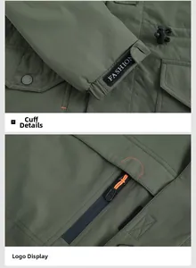 Detail of adjustable velcro cuffs with 'FASHION' text and orange zipper on army green jacket