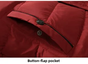 Detail of dark red quilted jacket showing a flap pocket with matte black button closure