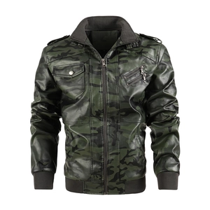 Veste de moto camouflage en cuir PU pour homme avec col montant et bords-côtes
