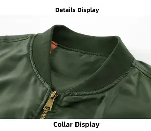 Detail view of army green bomber jacket featuring ribbed collar and bronze metal zipper