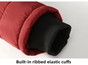 Detail of wine red winter coat featuring windproof ribbed elastic cuffs for extra warmth