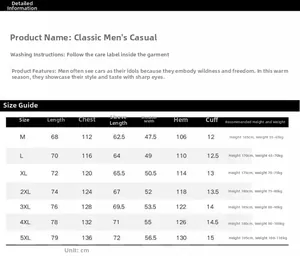 Detailed size chart for men's tactical outdoor jacket from size M to 5XL with measurements