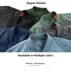 Flat lay of MA-1 bomber jackets showing multiple colors and ribbed collars details