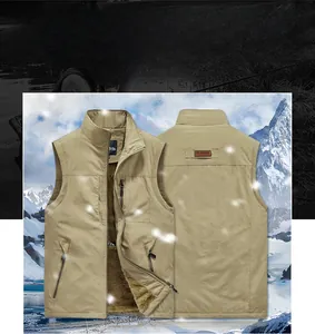 Detail of khaki outdoor vest showing stand collar and thick warm fleece lining texture