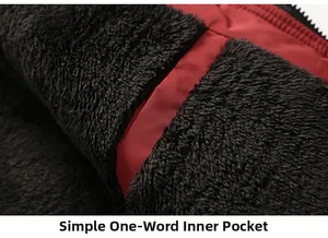 Detail of red winter coat featuring a functional minimalist inner pocket with black fleece