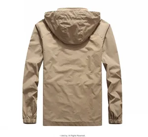 Back view of khaki tactical jacket with adjustable hood and elastic cuffs for outdoors
