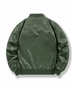 Back view of army green bomber jacket featuring ribbed collar and silky nylon fabric