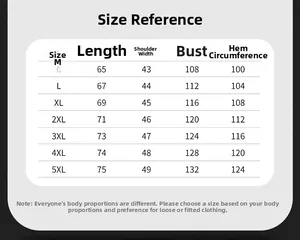 Tableau des tailles détaillé pour gilet d'extérieur de M à 5XL avec mesures