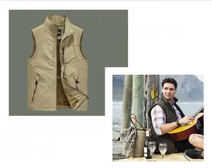 Detail of khaki outdoor fleece vest featuring a stand collar and secure black zippers