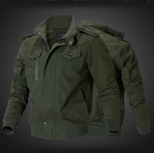 Detailed view of olive green military jacket with shoulder straps and utility pockets