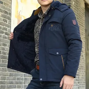 Winter fleece-lined padded parka for men with heavy hood and deep blue windproof fabric
