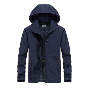Men's navy blue windproof jacket with hooded design and breathable mesh lining