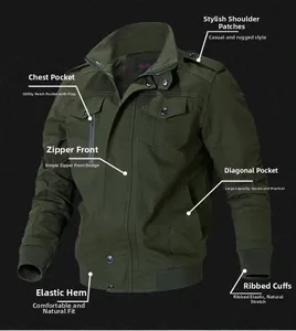 Detailed view of army green cargo jacket featuring epaulettes and ribbed cuffs