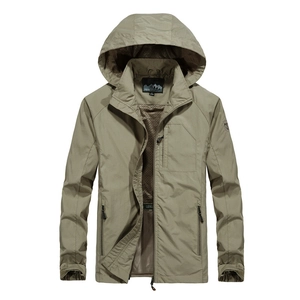 Men's khaki hooded windbreaker jacket with water-repellent fabric and mesh lining
