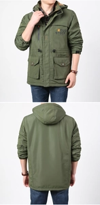 Detailed front and back view of army green hooded jacket with multiple flap pockets