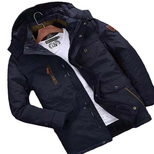 Men's winter heavy fleece lined hooded jacket in navy blue with windproof utility design