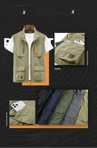 Détails des poches fonctionnelles et de la fermeture éclair sur le gilet cargo
