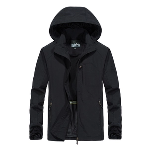 Men's lightweight black windbreaker jacket with hood and breathable mesh lining