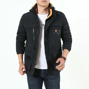 Men's black hooded outdoor jacket with warm fleece lining and orange contrast detail