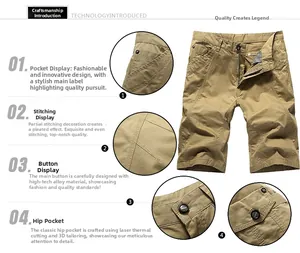 Detail view showing alloy button, reinforced stitching, and pockets on khaki cargo shorts