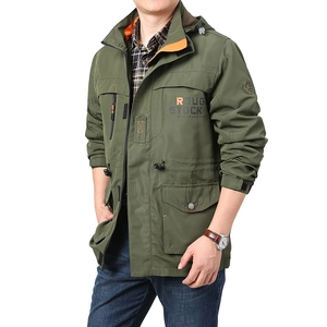 Veste Coupe-vent à Capuche de Plein Air pour Hommes de Longueur Moyenne Cargo Utilitaire à Plusieurs Poches Manteau Sportif Décontracté Nylon