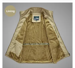 Detail of khaki outdoor fleece lining and inner texture of the thermal vest jacket