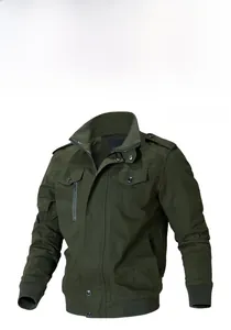 Detail of army green cargo jacket showing shoulder epaulettes and functional flap pockets
