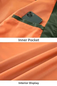 Detail of bomber jacket interior with orange lining and functional hidden pocket