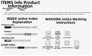 Size chart showing 100% cotton material, loose fit, and washing care for summer shorts