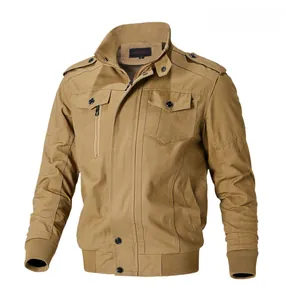 Detailed view of khaki outdoor utility jacket with shoulder straps and cargo pockets