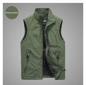 Detail view of military green outdoor vest with warm fleece lining and zipper pockets