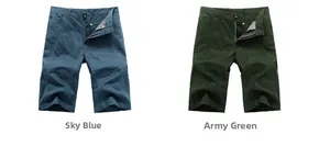 Detail view of men cotton cargo shorts in sky blue and army green with pocket features