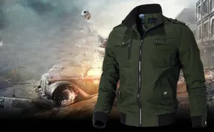 Detail of army green cargo jacket featuring buttoned epaulettes and classic military pockets
