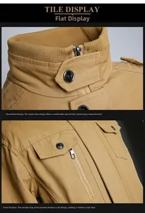 Detail of khaki military cargo jacket featuring a stand collar and 3D flap pocket