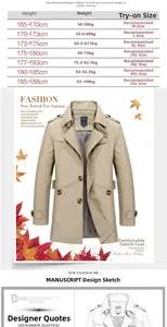 Guide des tailles pour veste longue en coton homme pour statures allant de 165 à 188 cm
