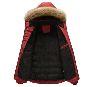 Men's winter red padded parka with thick black fleece lining and brown faux fur hood